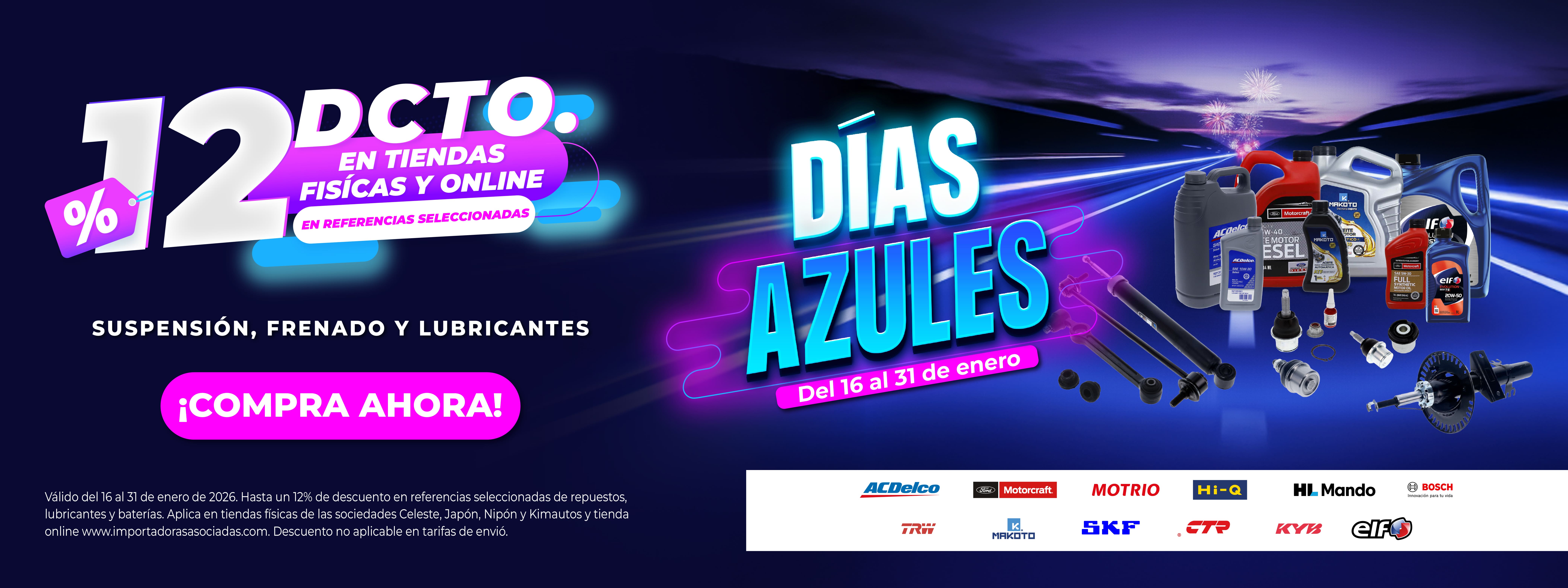 Promoción 12% de descuento en suspención, frenado y lubricante, campaña enero 2026 Importadoras Asociadas